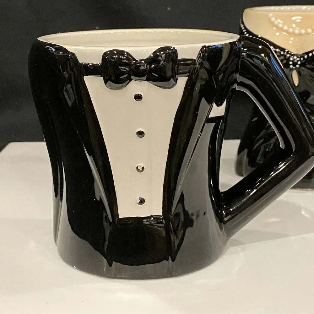 Pier 1 Ceramic Coffee Mug 2 Set Black Dress Pearls-Black White‎ Tuxedo Mug